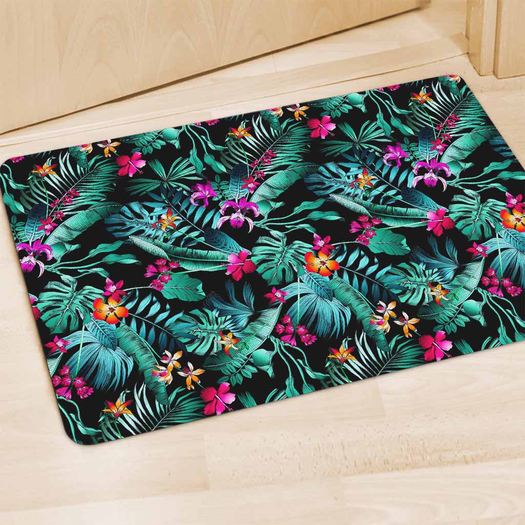 Teal Tropical Leaf Hawaii Pattern Print Polyester Doormat