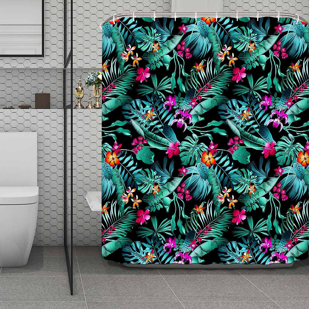 Teal Tropical Leaf Hawaii Pattern Print Polyester Shower Curtain