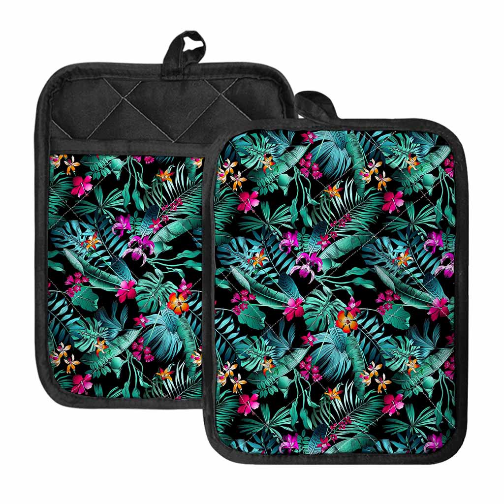 Teal Tropical Leaf Hawaii Pattern Print Pot Holders With Pocket