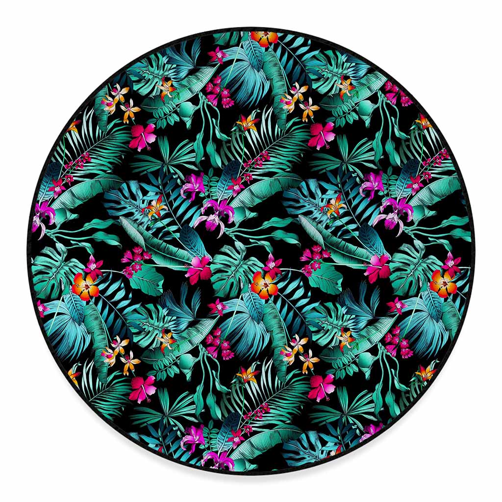 Teal Tropical Leaf Hawaii Pattern Print Round Floor Mat