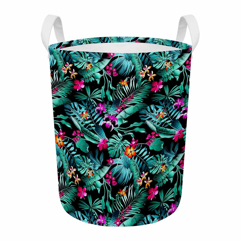 Teal Tropical Leaf Hawaii Pattern Print Round Laundry Basket