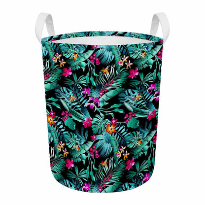 Teal Tropical Leaf Hawaii Pattern Print Round Laundry Basket