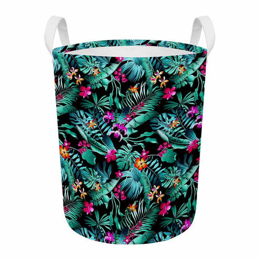 Teal Tropical Leaf Hawaii Pattern Print Round Laundry Basket