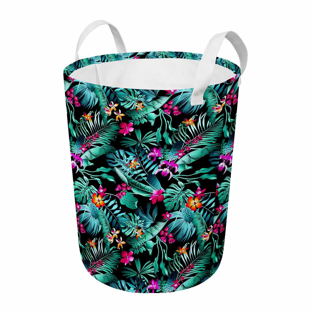 Teal Tropical Leaf Hawaii Pattern Print Round Laundry Basket