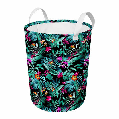 Teal Tropical Leaf Hawaii Pattern Print Round Laundry Basket
