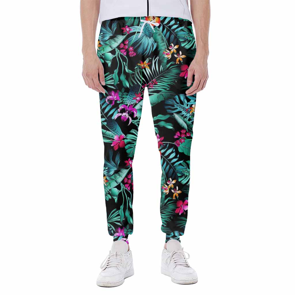 Teal Tropical Leaf Hawaii Pattern Print Scuba Joggers