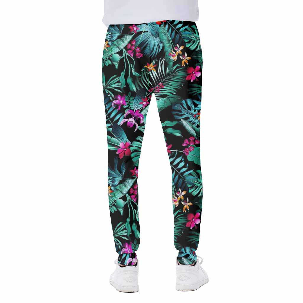 Teal Tropical Leaf Hawaii Pattern Print Scuba Joggers