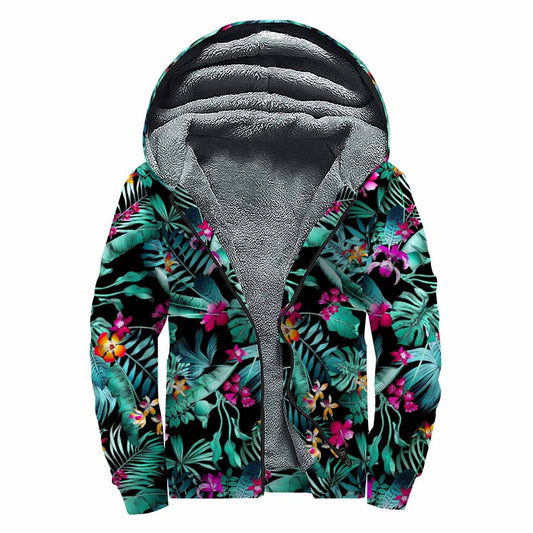 Teal Tropical Leaf Hawaii Pattern Print Sherpa Lined Zip Up Hoodie