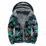 Teal Tropical Leaf Hawaii Pattern Print Sherpa Lined Zip Up Hoodie