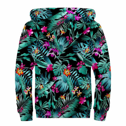 Teal Tropical Leaf Hawaii Pattern Print Sherpa Lined Zip Up Hoodie