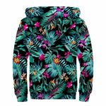 Teal Tropical Leaf Hawaii Pattern Print Sherpa Lined Zip Up Hoodie