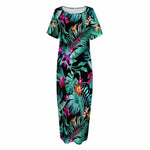 Teal Tropical Leaf Hawaii Pattern Print Short Sleeve Long Nightdress