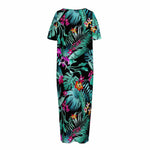 Teal Tropical Leaf Hawaii Pattern Print Short Sleeve Long Nightdress