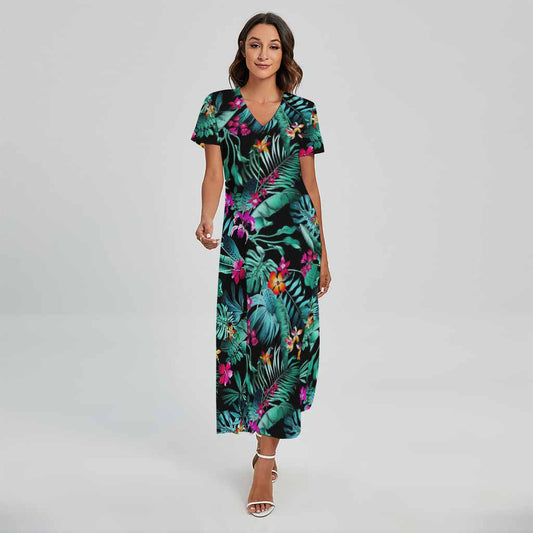 Teal Tropical Leaf Hawaii Pattern Print Short Sleeve Maxi Dress