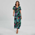 Teal Tropical Leaf Hawaii Pattern Print Short Sleeve Maxi Dress