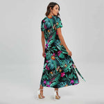 Teal Tropical Leaf Hawaii Pattern Print Short Sleeve Maxi Dress