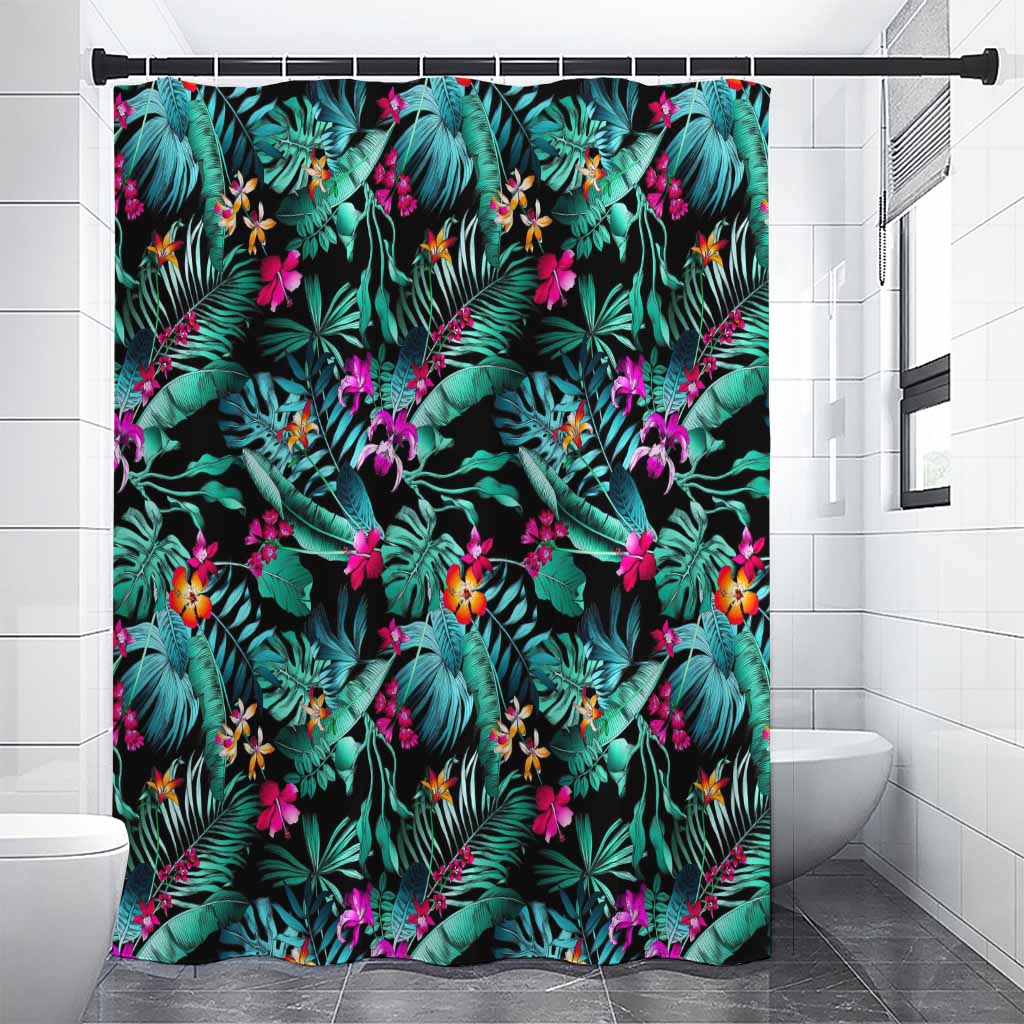 Teal Tropical Leaf Hawaii Pattern Print Shower Curtain