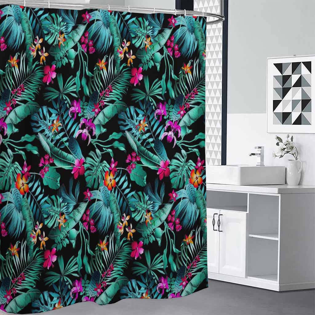 Teal Tropical Leaf Hawaii Pattern Print Shower Curtain