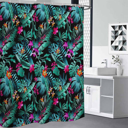 Teal Tropical Leaf Hawaii Pattern Print Shower Curtain