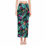 Teal Tropical Leaf Hawaii Pattern Print Side Slit Maxi Skirt