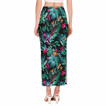 Teal Tropical Leaf Hawaii Pattern Print Side Slit Maxi Skirt