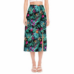 Teal Tropical Leaf Hawaii Pattern Print Side Slit Midi Skirt