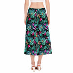 Teal Tropical Leaf Hawaii Pattern Print Side Slit Midi Skirt