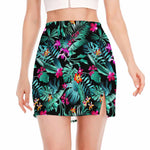 Teal Tropical Leaf Hawaii Pattern Print Side Slit Mini Skirt