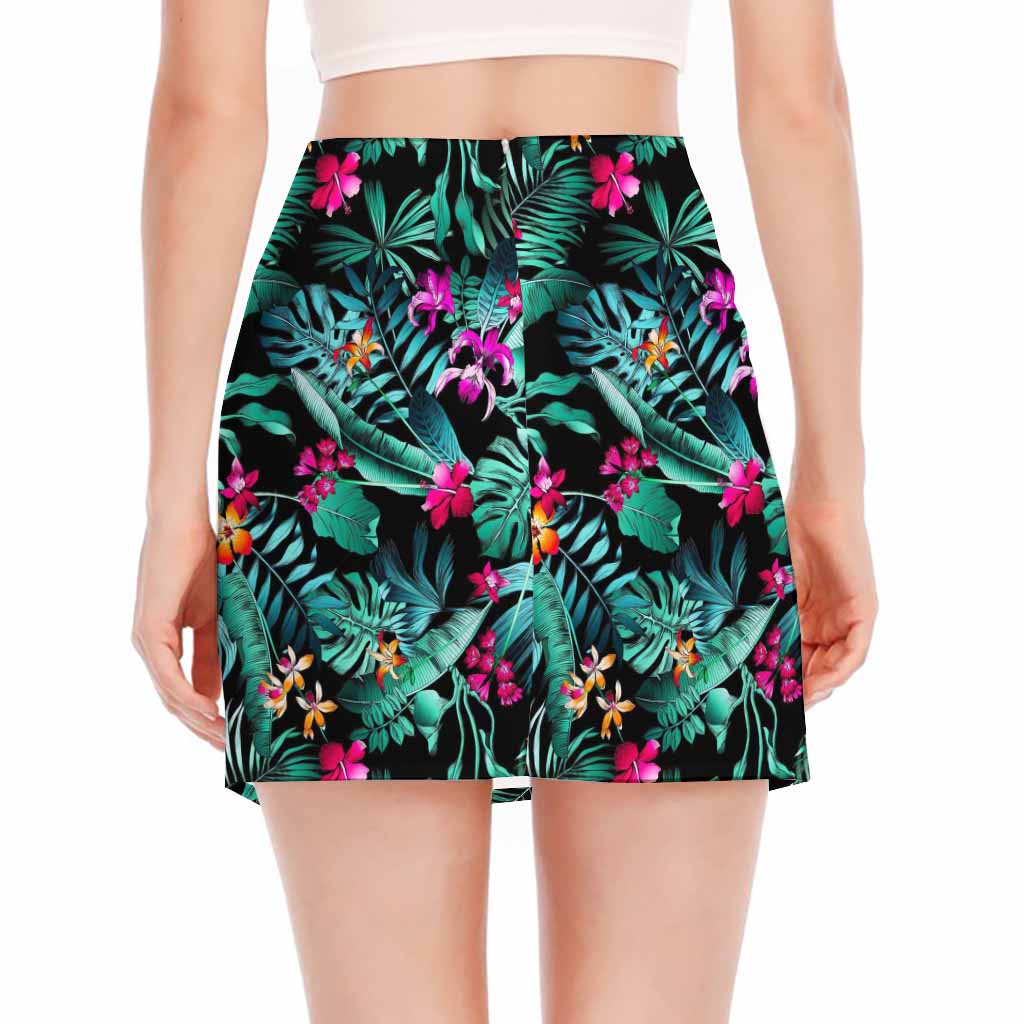 Teal Tropical Leaf Hawaii Pattern Print Side Slit Mini Skirt