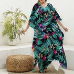 Teal Tropical Leaf Hawaii Pattern Print Silk V-Neck Kaftan Dress