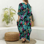 Teal Tropical Leaf Hawaii Pattern Print Silk V-Neck Kaftan Dress