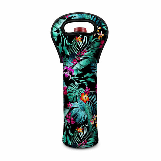 Teal Tropical Leaf Hawaii Pattern Print Single Neoprene Wine Tote