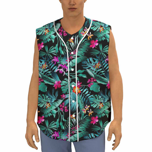 Teal Tropical Leaf Hawaii Pattern Print Sleeveless Baseball Jersey