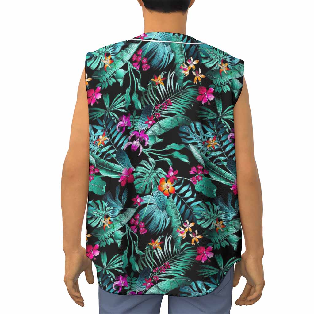 Teal Tropical Leaf Hawaii Pattern Print Sleeveless Baseball Jersey