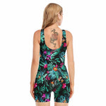 Teal Tropical Leaf Hawaii Pattern Print Sleeveless One Piece Swimsuit