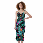 Teal Tropical Leaf Hawaii Pattern Print Slim Fit Midi Cami Dress