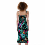Teal Tropical Leaf Hawaii Pattern Print Slim Fit Midi Cami Dress