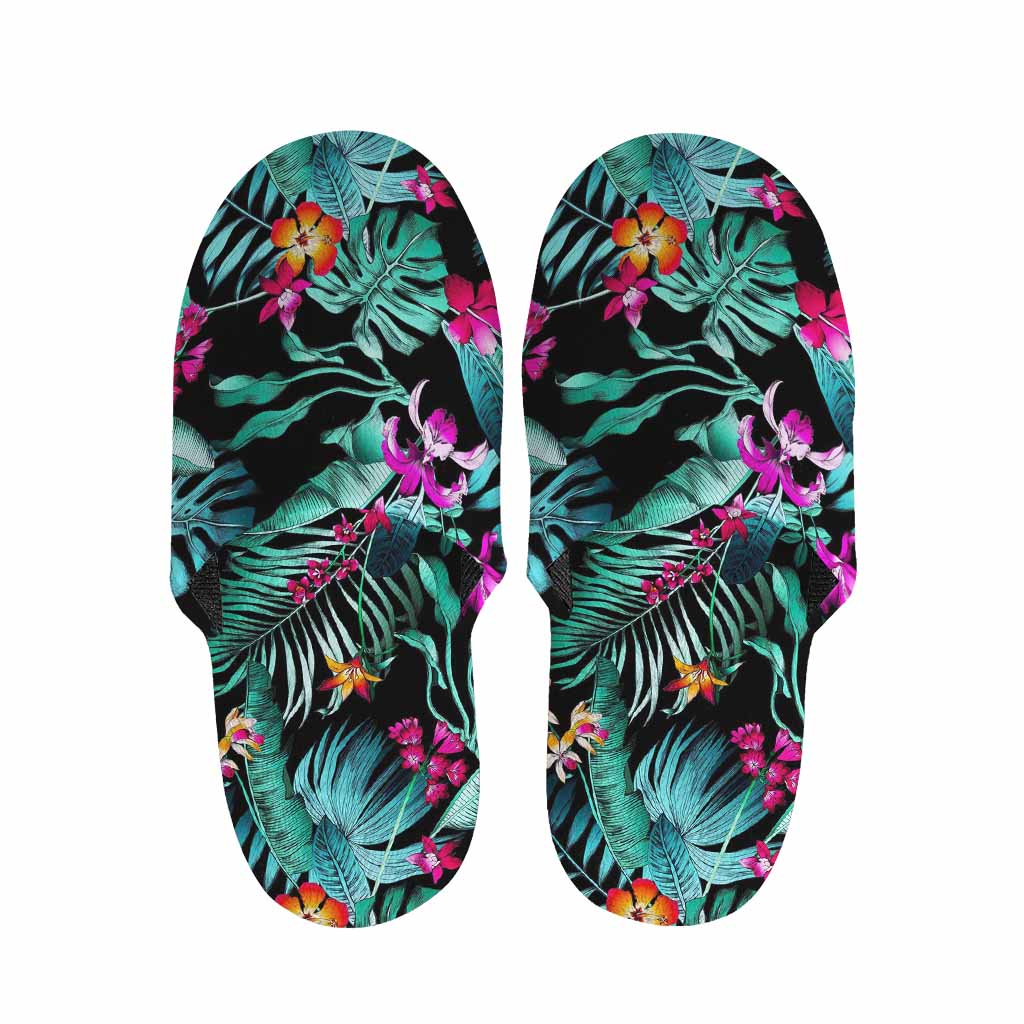 Teal Tropical Leaf Hawaii Pattern Print Slippers