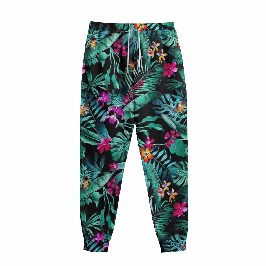 Teal Tropical Leaf Hawaii Pattern Print Sweatpants