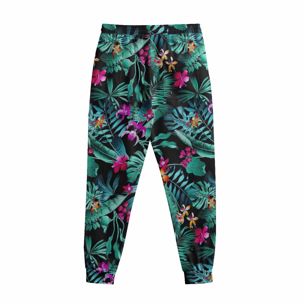 Teal Tropical Leaf Hawaii Pattern Print Sweatpants