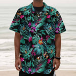 Teal Tropical Leaf Hawaii Pattern Print Textured Short Sleeve Shirt