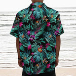 Teal Tropical Leaf Hawaii Pattern Print Textured Short Sleeve Shirt