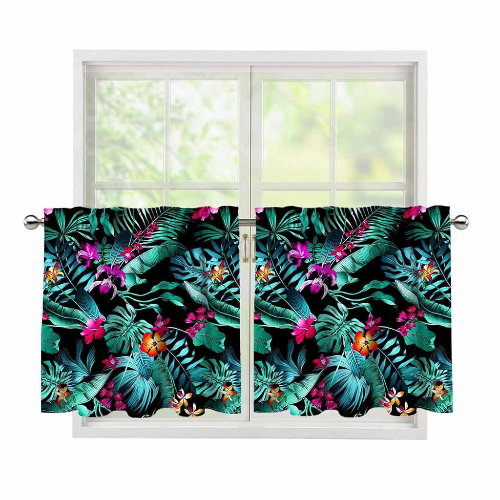 Teal Tropical Leaf Hawaii Pattern Print Tier Curtains