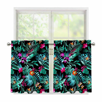 Teal Tropical Leaf Hawaii Pattern Print Tier Curtains