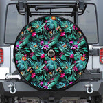 Teal Tropical Leaf Hawaii Pattern Print Tire Cover With Camera Hole