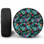 Teal Tropical Leaf Hawaii Pattern Print Tire Cover With Camera Hole