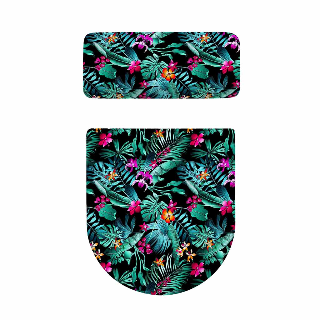 Teal Tropical Leaf Hawaii Pattern Print Toilet Lid And Tank Cover Set