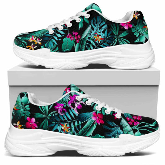 Teal Tropical Leaf Hawaii Pattern Print White Chunky Shoes