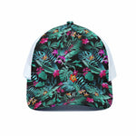 Teal Tropical Leaf Hawaii Pattern Print White Mesh Trucker Cap