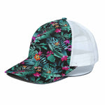 Teal Tropical Leaf Hawaii Pattern Print White Mesh Trucker Cap